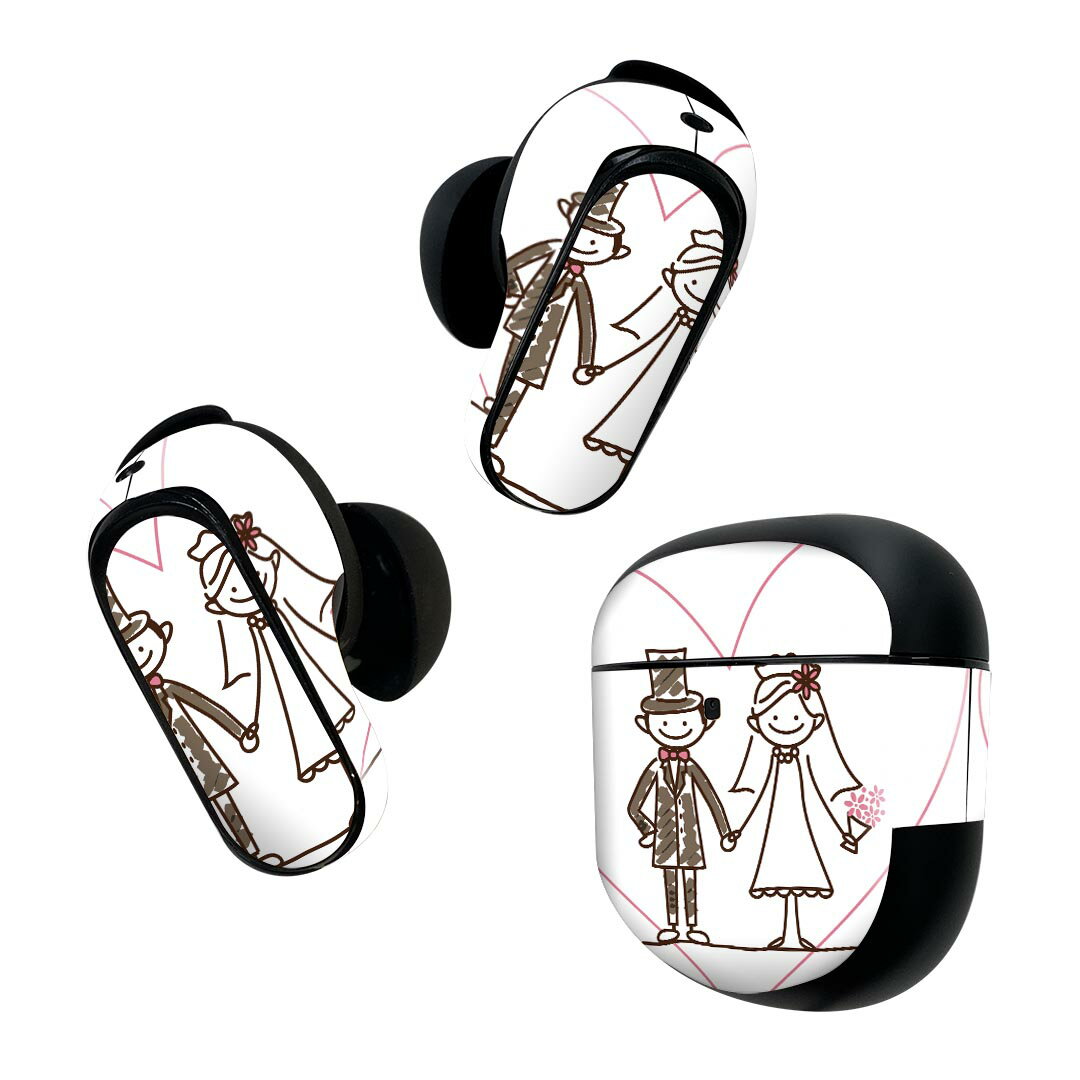 Bose QuietComfort Earbuds II 用 スキンシール ボーズ イヤバッズ2 用　ステッカー　本体3セット ケース1セット 保護 フィルム デコ 結婚　イラスト　ハート　ウエディング 007914