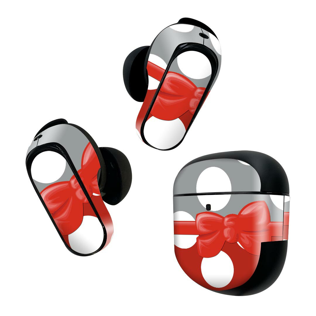 Bose QuietComfort Earbuds II 用 スキンシール ボーズ イヤバッズ2 用　ステッカー　本体3セット ケース1セット 保護 フィルム デコ 水玉　リボン　赤　レッド 007942