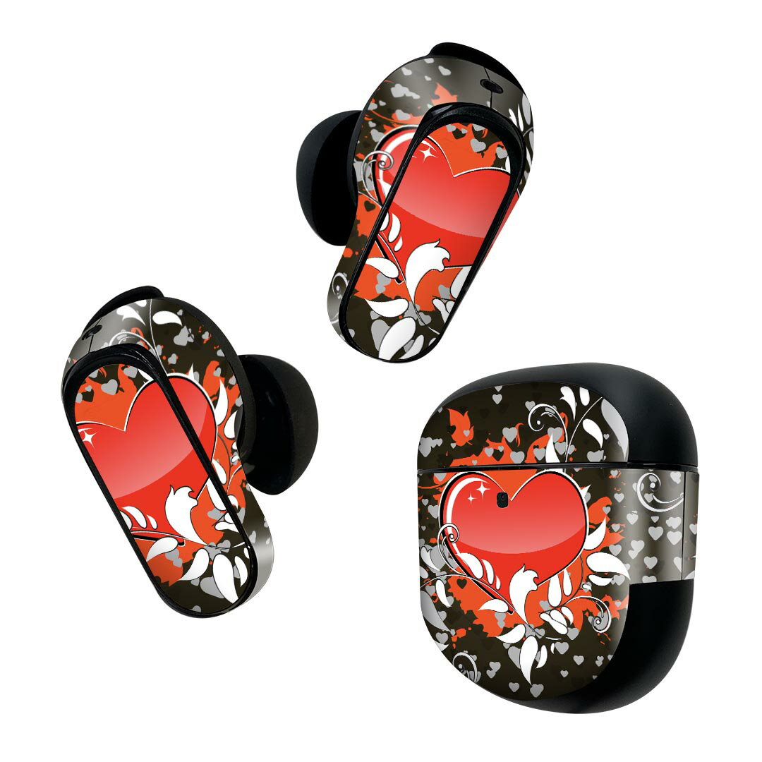Bose QuietComfort Earbuds II 用 スキンシール ボーズ イヤバッズ2 用　ステッカー　本体3セット ケース1セット 保護 フィルム デコ イラスト ハート 赤 レッド 黒 ブラック 007954