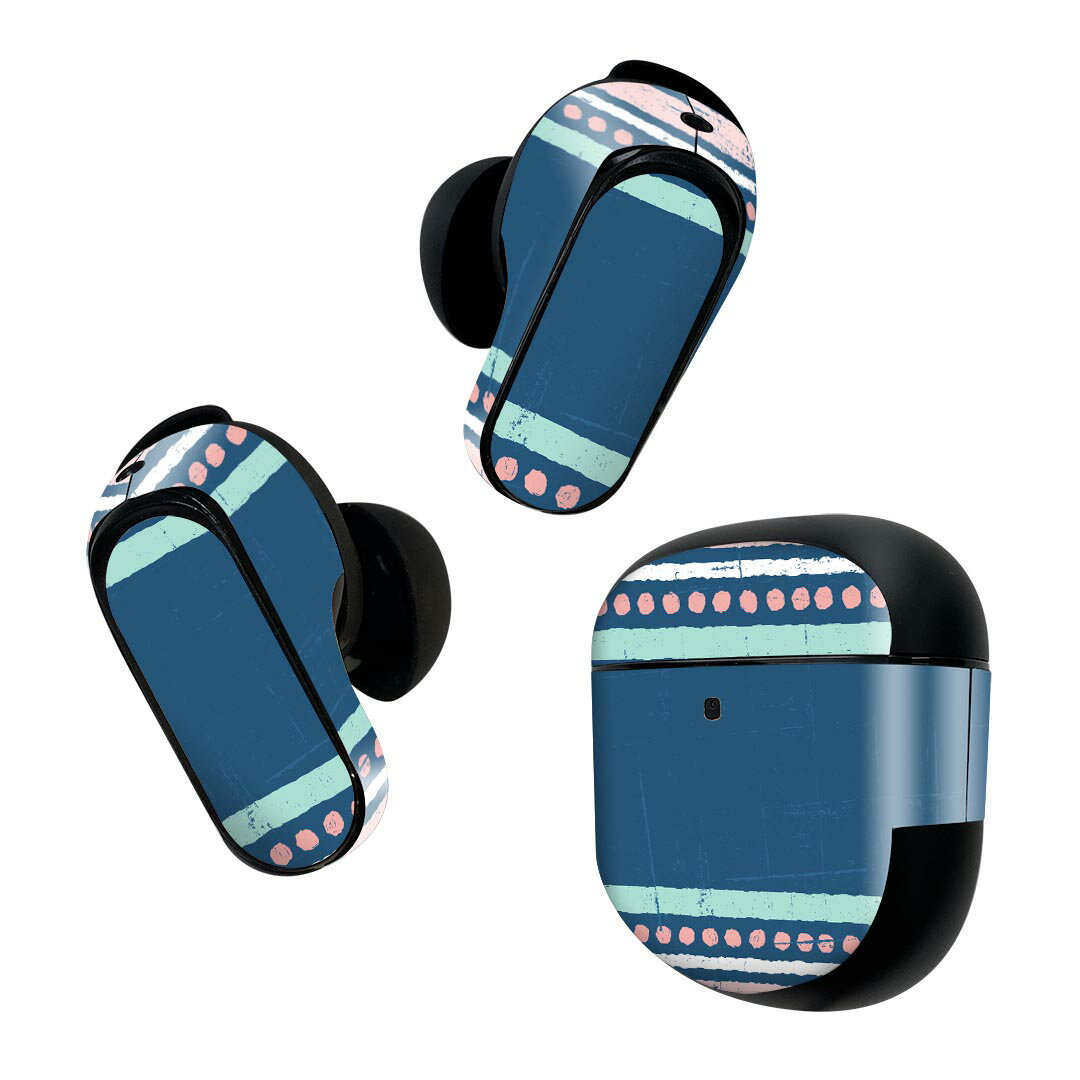 Bose QuietComfort Earbuds II 用 スキンシール ボーズ イヤバッズ2 用　ステッカー　本体3セット ケース1セット 保護 フィルム デコ レトロ　ブルー　青　模様 007963