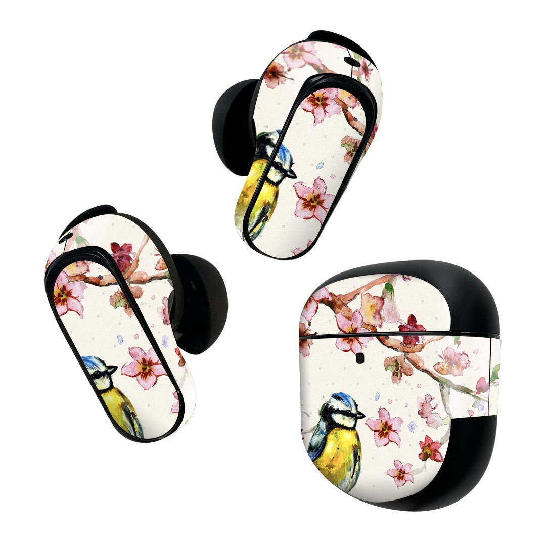 Rakuten - Bose QuietComfort Earbuds II 用 スキンシール ボーズ イヤバッズ2 用　ステッカー　本体3セット ケース1セット 保護 フィルム デコ 花　　水彩　ピンク　鳥 007971