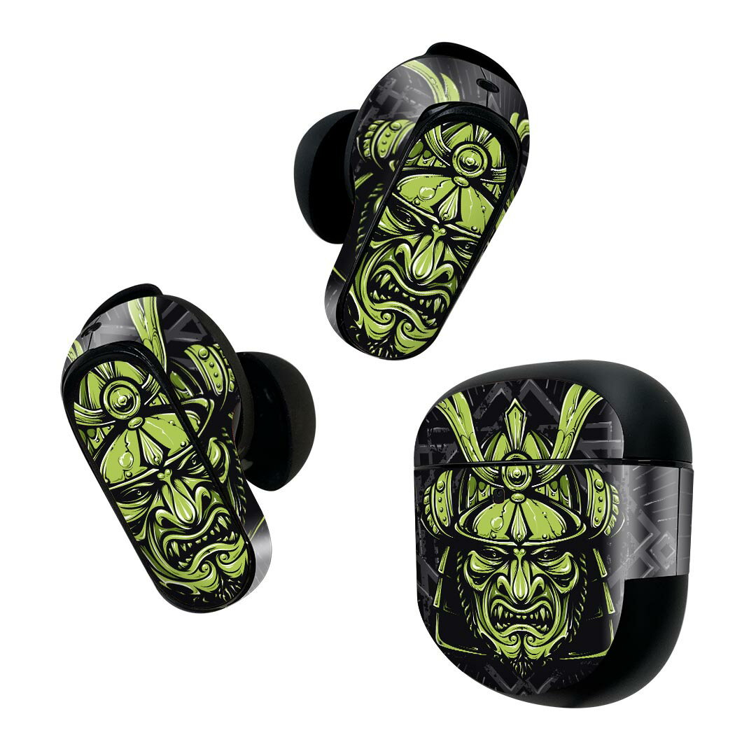 Bose QuietComfort Earbuds II 用 スキンシール ボーズ イヤバッズ2 用　ステッカー　本体3セット ケース1セット 保護 フィルム デコ 兜　緑　グリーン　イラスト 008044