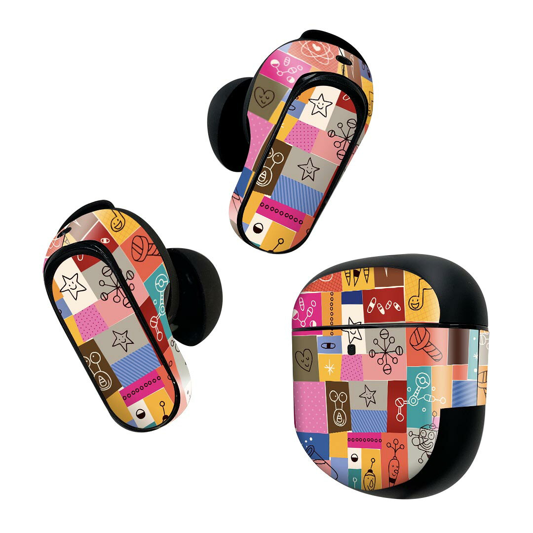 Bose QuietComfort Earbuds II 用 スキンシール ボーズ イヤバッズ2 用　ステッカー　本体3セット ケース1セット 保護 フィルム デコ ハート　イラスト　カラフル　模様 008087