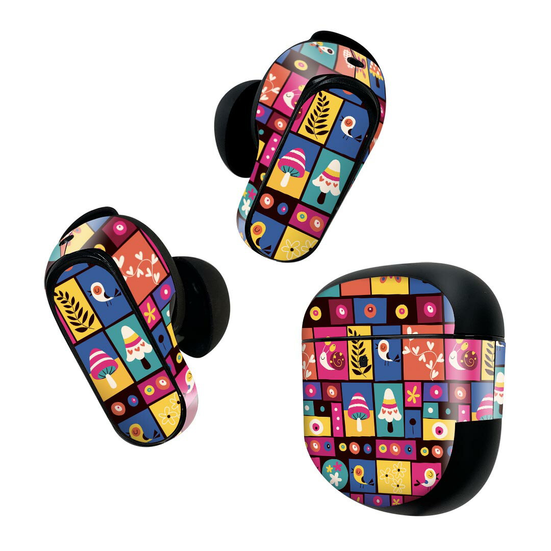 Bose QuietComfort Earbuds II 用 スキンシール ボーズ イヤバッズ2 用　ステッカー　本体3セット ケース1セット 保護 フィルム デコ ハート　カラフル　鳥　模様 008088