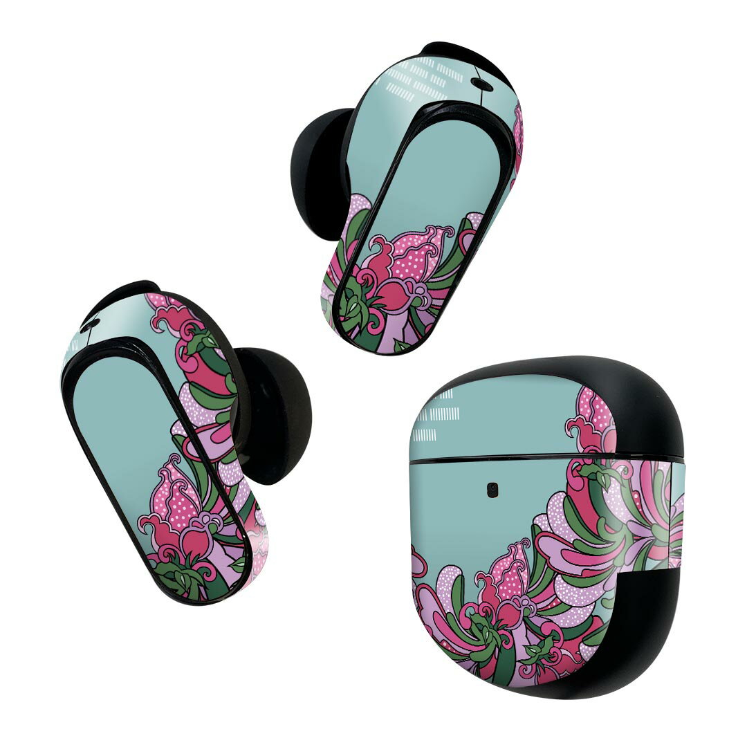 Bose QuietComfort Earbuds II 用 スキンシール ボーズ イヤバッズ2 用　ステッカー　本体3セット ケース1セット 保護 フィルム デコ 花　　ピンク　水色　イラスト 008127