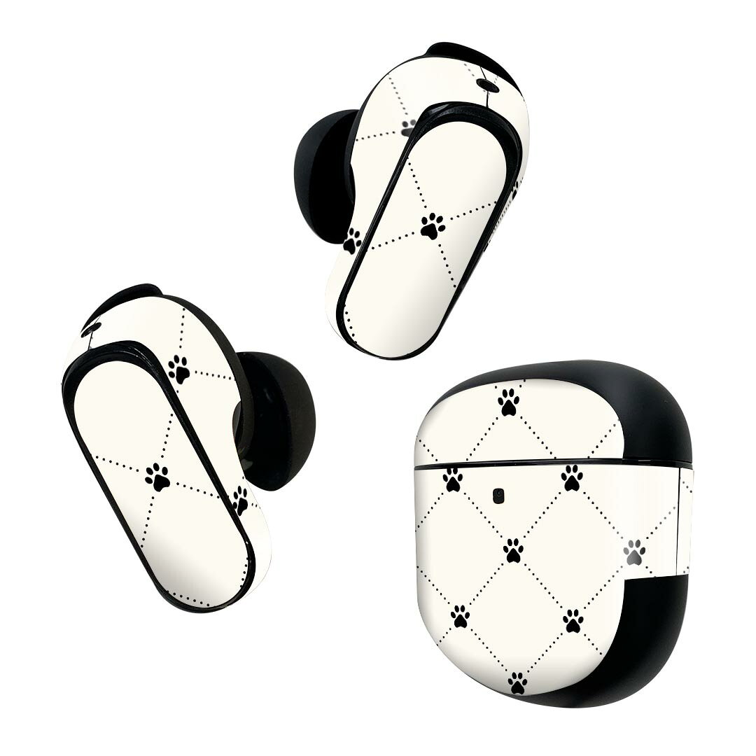 Bose QuietComfort Earbuds II 用 スキンシール ボーズ イヤバッズ2 用　ステッカー　本体3セット ケース1セット 保護 フィルム デコ 足跡　白黒　ブラック　模様 008215