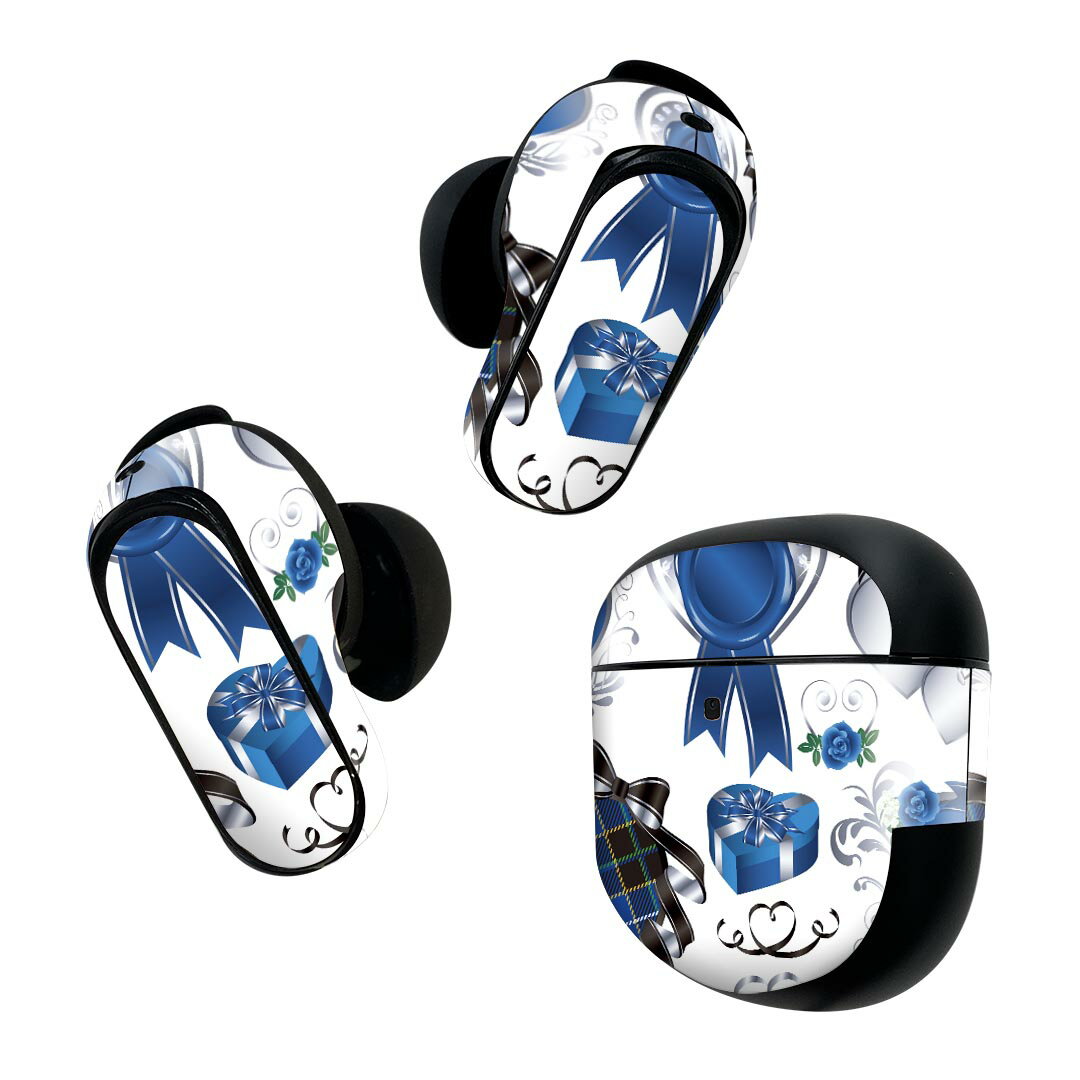 Bose QuietComfort Earbuds II 用 スキンシール ボーズ イヤバッズ2 用 ステッカー 本体3セット ケース1セット 保護 フィルム デコ ホワイトデー ハート リボン 青 ブルー 008302