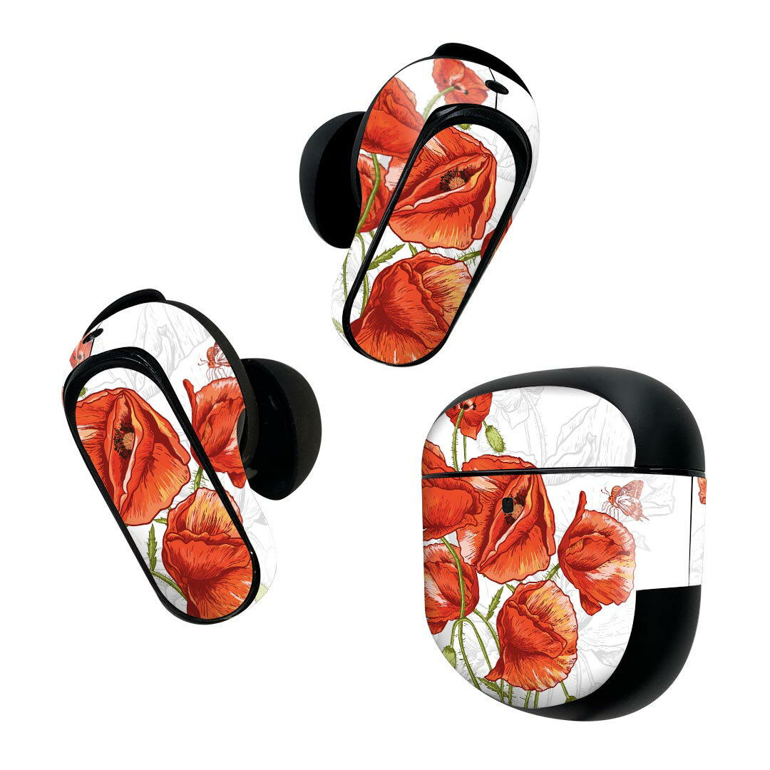 Bose QuietComfort Earbuds II 用 スキンシール ボーズ イヤバッズ2 用　ステッカー　本体3セット ケース1セット 保護 フィルム デコ 花　　赤　レッド　イラスト 008353