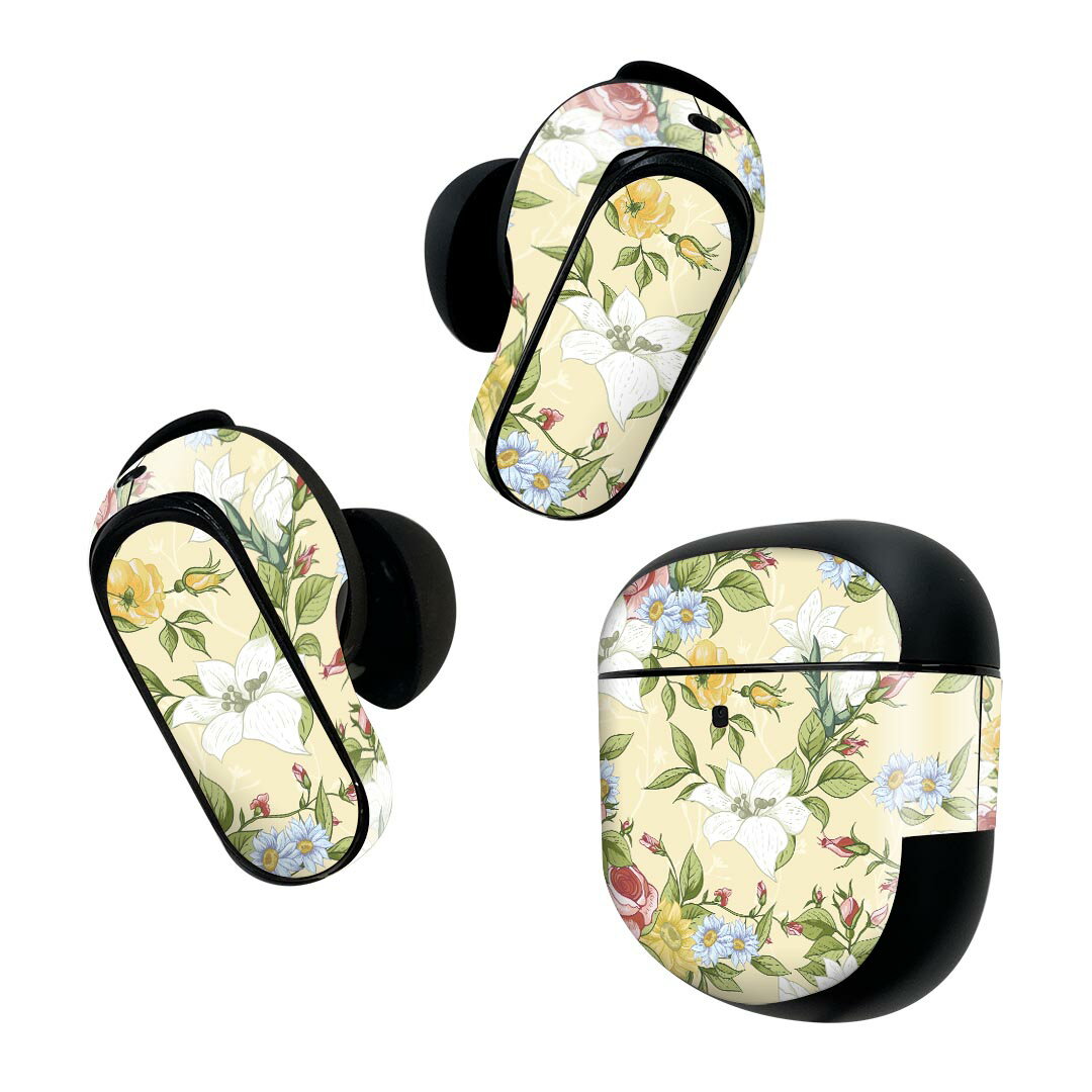 Bose QuietComfort Earbuds II 用 スキンシール ボーズ イヤバッズ2 用　ステッカー　本体3セット ケース1セット 保護 フィルム デコ 花　　イエロー　模様 008438