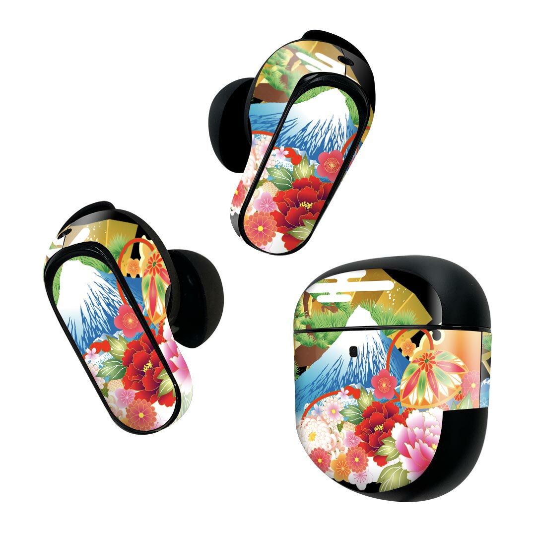 Bose QuietComfort Earbuds II 用 スキンシール ボーズ イヤバッズ2 用　ステッカー　本体3セット ケース1セット 保護 フィルム デコ 日本語・和柄 和柄　和風　富士山　黒　ブラック 008607