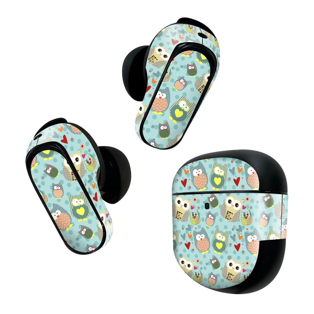 Bose QuietComfort Earbuds II 用 スキンシール ボーズ イヤバッズ2 用　ステッカー　本体3セット ケース1セット 保護 フィルム デコ フクロウ　水色　模様　水玉 008617