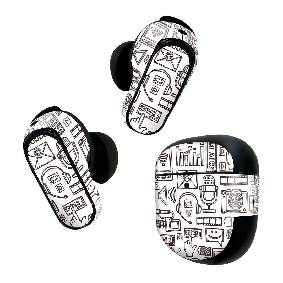 Bose QuietComfort Earbuds II 用 スキンシール ボーズ イヤバッズ2 用　ステッカー　本体3セット ケース1セット 保護 フィルム デコ 白黒　イラスト　ラジオ 008788