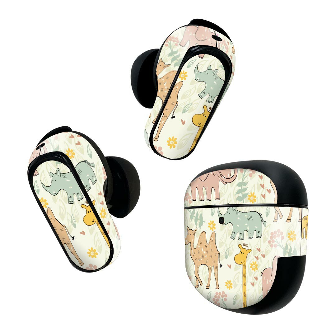 Bose QuietComfort Earbuds II 用 スキンシール ボーズ イヤバッズ2 用　ステッカー　本体3セット ケース1セット 保護 フィルム デコ イラスト　キリン　象　花　 008797