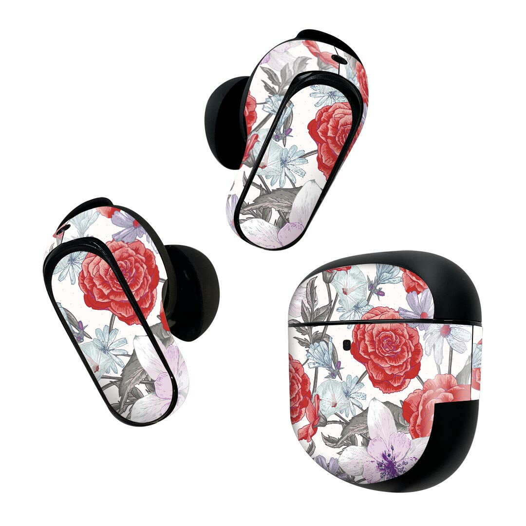 Bose QuietComfort Earbuds II 用 スキンシール ボーズ イヤバッズ2 用　ステッカー　本体3セット ケース1セット 保護 フィルム デコ イラスト　花　　赤　レッド 008801