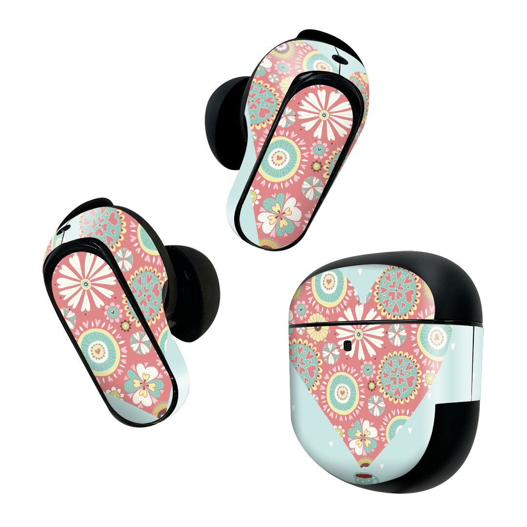 Bose QuietComfort Earbuds II 用 スキンシール ボーズ イヤバッズ2 用　ステッカー　本体3セット ケース1セット 保護 フィルム デコ イラスト　花　　ハート 008848