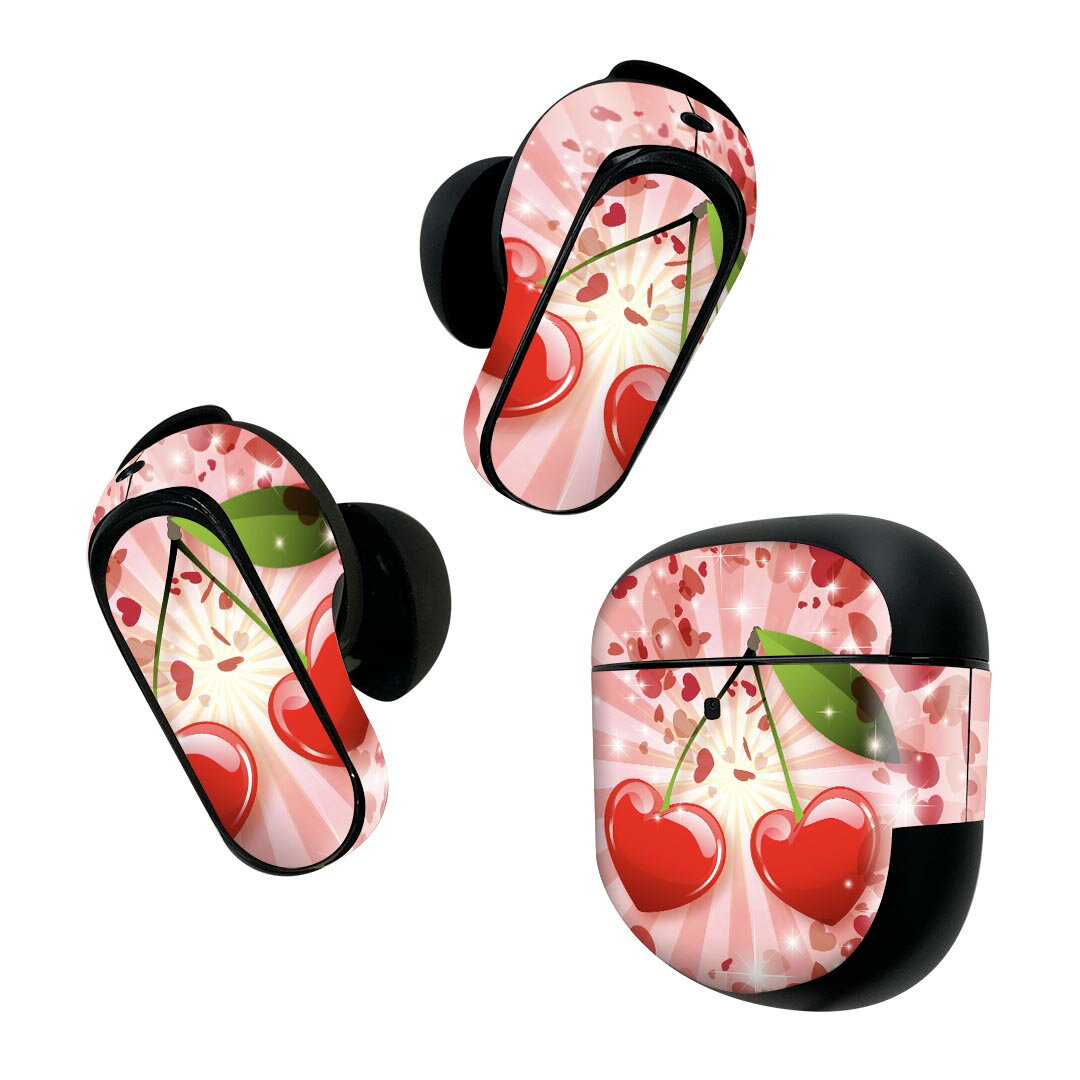 Bose QuietComfort Earbuds II 用 スキンシール ボーズ イヤバッズ2 用 ステッカー 本体3セット ケース1セット 保護 フィルム デコ イラスト 赤 レッド ハート チェリー 008856