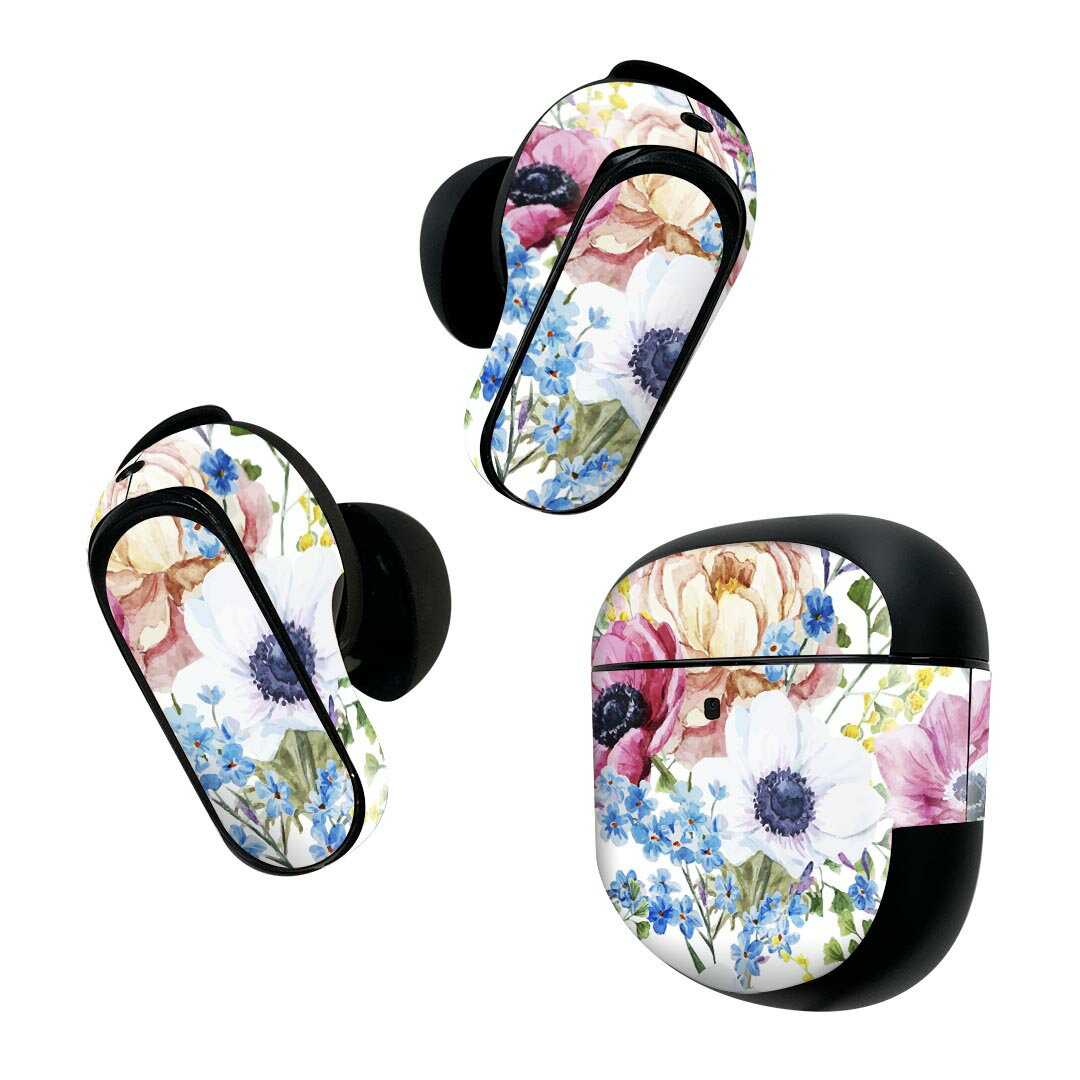Bose QuietComfort Earbuds II 用 スキンシール ボーズ イヤバッズ2 用　ステッカー　本体3セット ケース1セット 保護 フィルム デコ 花　　カラフル　水彩 008867