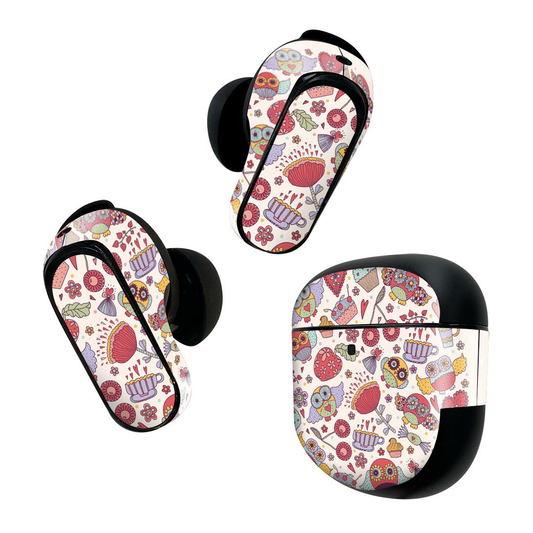 Bose QuietComfort Earbuds II 用 スキンシール ボーズ イヤバッズ2 用　ステッカー　本体3セット ケース1セット 保護 フィルム デコ イラスト　ピンク　フクロウ　ハート 008887