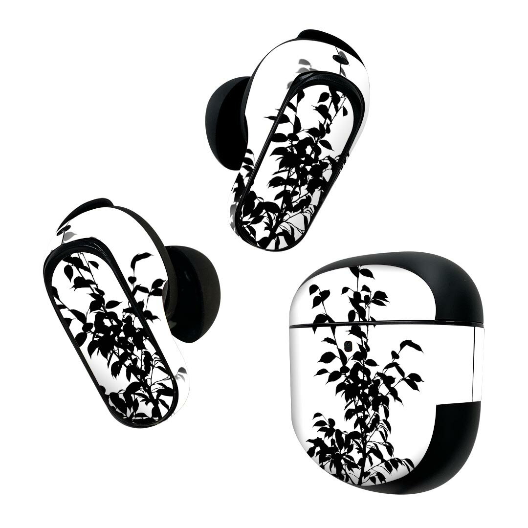 Bose QuietComfort Earbuds II 用 スキンシール ボーズ イヤバッズ2 用　ステッカー　本体3セット ケース1セット 保護 フィルム デコ 植物　イラスト　黒 009148