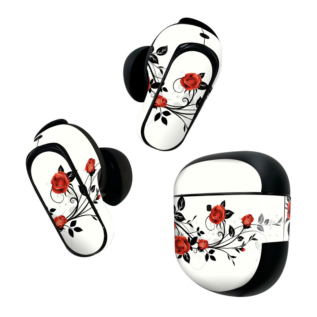 Bose QuietComfort Earbuds II 用 スキンシール ボーズ イヤバッズ2 用 ステッカー 本体3セット ケース1セット 保護 フィルム デコ バラ 赤 009303