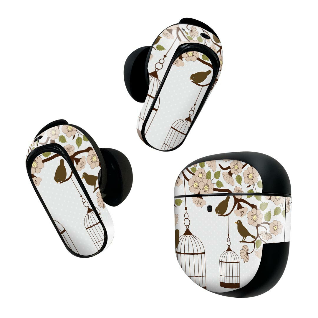 Bose QuietComfort Earbuds II 用 スキンシール ボーズ イヤバッズ2 用　ステッカー　本体3セット ケース1セット 保護 フィルム デコ 　鳥　和風 009682