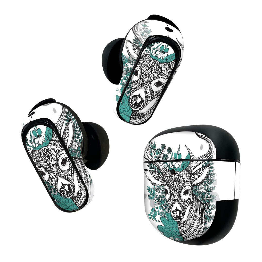 Bose QuietComfort Earbuds II 用 スキンシール ボーズ イヤバッズ2 用　ステッカー　本体3セット ケース1セット 保護 フィルム デコ アジアン　鹿　緑 010058