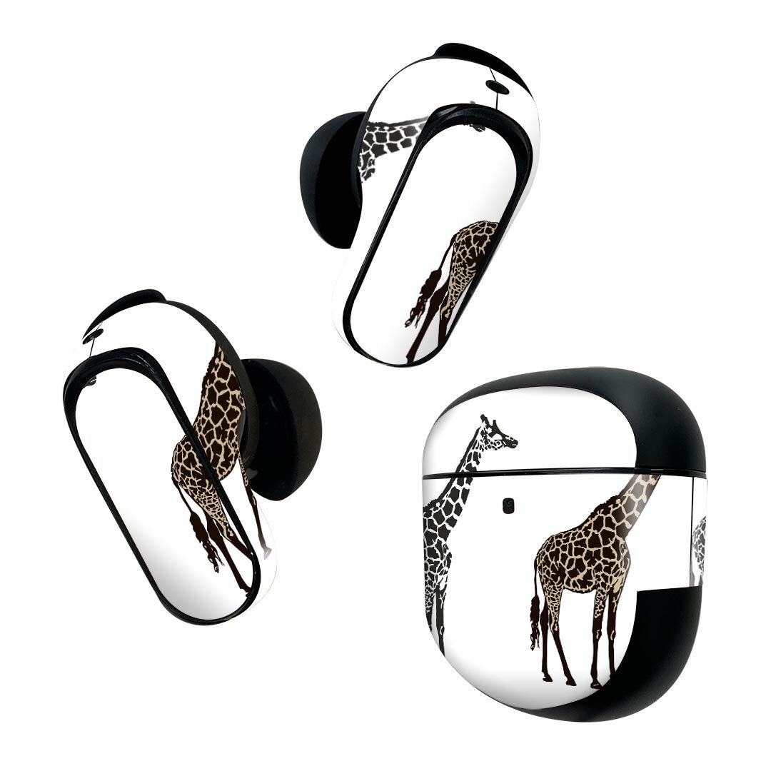Bose QuietComfort Earbuds II 用 スキンシール ボーズ イヤバッズ2 用 ステッカー 本体3セット ケース1セット 保護 フィルム デコ 動物 キリン モノクロ 010196