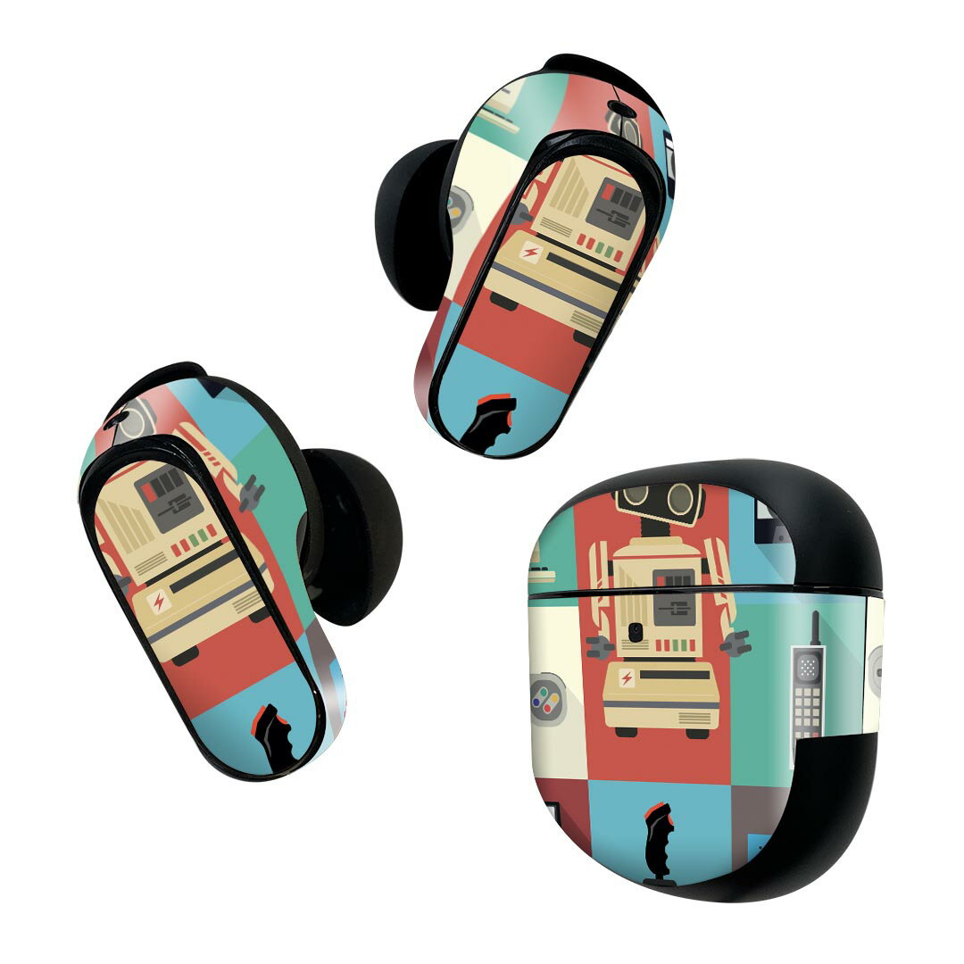 Bose QuietComfort Earbuds II 用 スキンシール ボーズ イヤバッズ2 用　ステッカー　本体3セット ケース1セット 保護 フィルム デコ ロボット　ゲーム　カラフル 010292