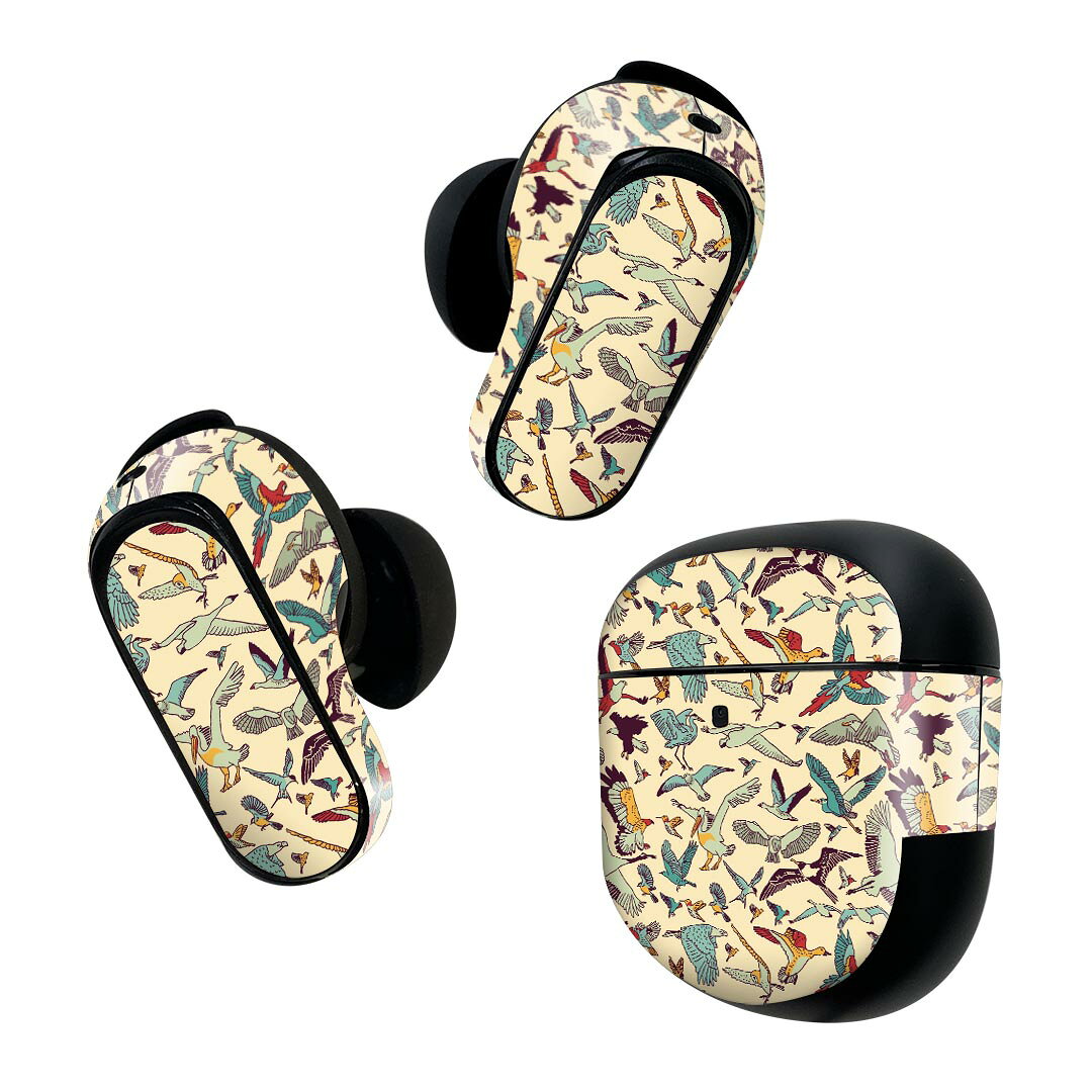 製品名 Bose QuietComfort Earbuds II 専用デザインスキンシール セット内容 Bose QuietComfort Earbuds II 専用シール　イヤホン（左右）3枚、充電ケース用シール 1枚AirPods第3世代専用です。第1?2世代、Proシリーズには対応していません。 商品特徴 再剥離性シートを素材に採用し、細かな位置調整がしやすく貼り直しが容易です。また、エアフリーでもありますので気泡が簡単に逃げるので、キレイに貼ることができます。専用の業務プリンターを使い、商品画像と遜色のない美しい印刷仕上がり。 注意事項 画像はサンプルですので、ご覧の環境によっては多少色味に違いを感じる場合がございます。 イメージと違った、モニターと色味が異なるという理由での交換や返金はご対応出来かねます。スキンシールのみの販売で、機器本体や充電ケース本体は付属しません。シワができた場合、ドライヤーなどで軽く温め、外側に向けてシワを伸ばすように貼ってください。初回貼付時の位置調整や貼り直しは可能ですが、しっかりと押し付けて接着させた後の再剥離、再利用は保証しておりません。また接着部に油分や汚れが付着しますと角の部分は剥がれやすくなりますので、貼付時はあまり触れないようにご注意ください。無地のセミグロスシートにデザインをプリントした商品で、デコなどの加工はございません。 凹凸や光沢があるように見えたり布地や金属を素材にしたように見える商品もありますが、デザインの図版によるものです。印刷時に微妙な画像のズレが生じる場合がございます。ご注文後に1点1点制作する受注生産品の為、不良品以外のご返品や交換は固くお断りします。 商品発送 完全受注生産のハンドメイド商品となりますので、既製品と比べて発送までお時間を頂いています。 基本的に決済確認後2~3営業日、最大で10営業日での発送となります。繁忙期や休業日明けの場合はさらに時間がかかる場合があります。 その際には別途メールにてご連絡致します。メール便の場合、発送日から到着までに2?4日ほどかかる場合が多く、紛失などの保障もご対応できかねます。あらかじめご了承下さい。