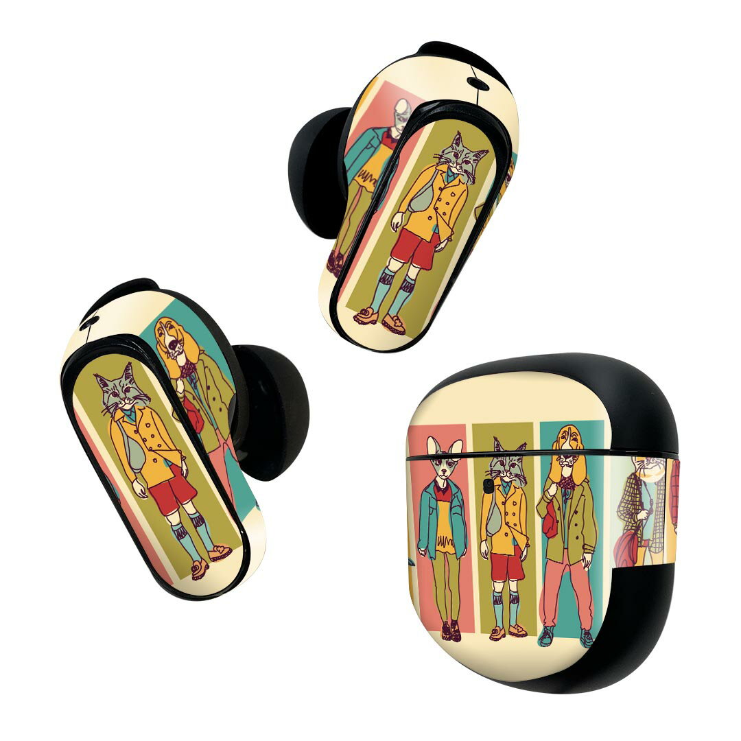 Bose QuietComfort Earbuds II 用 スキンシール ボーズ イヤバッズ2 用　ステッカー　本体3セット ケース1セット 保護 フィルム デコ 動物　犬　猫　ファッション 010414