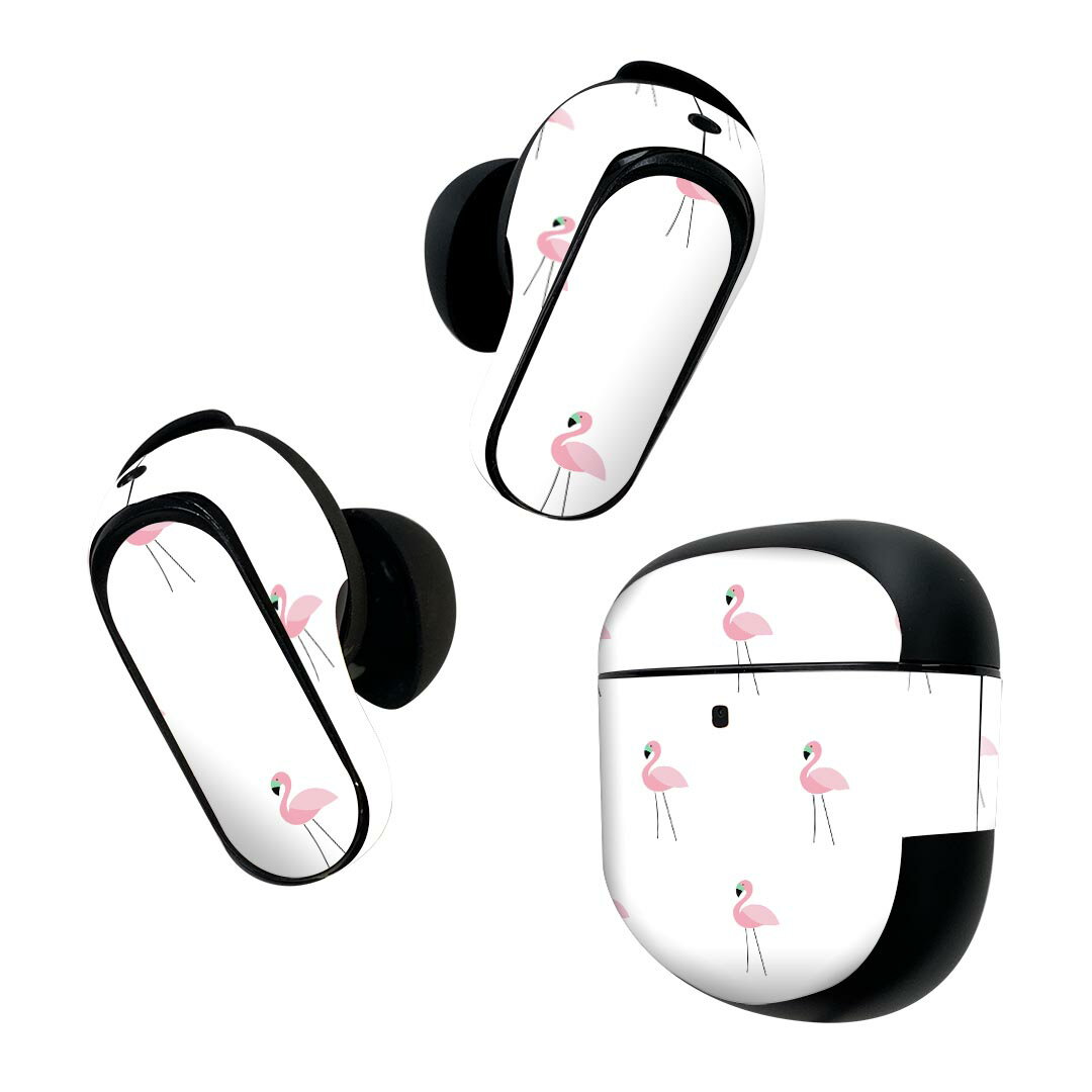 Bose QuietComfort Earbuds II 用 スキンシール ボーズ イヤバッズ2 用 ステッカー 本体3セット ケース1セット 保護 フィルム デコ フラミンゴ 白 ピンク 010552