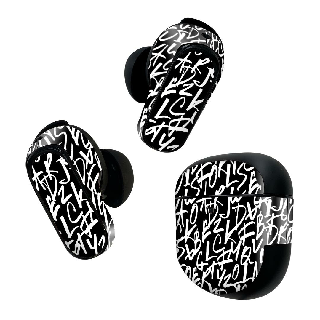 Bose QuietComfort Earbuds II 用 スキンシール ボーズ イヤバッズ2 用 ステッカー 本体3セット ケース1セット 保護 フィルム デコ 英語 文字 白 黒 010800