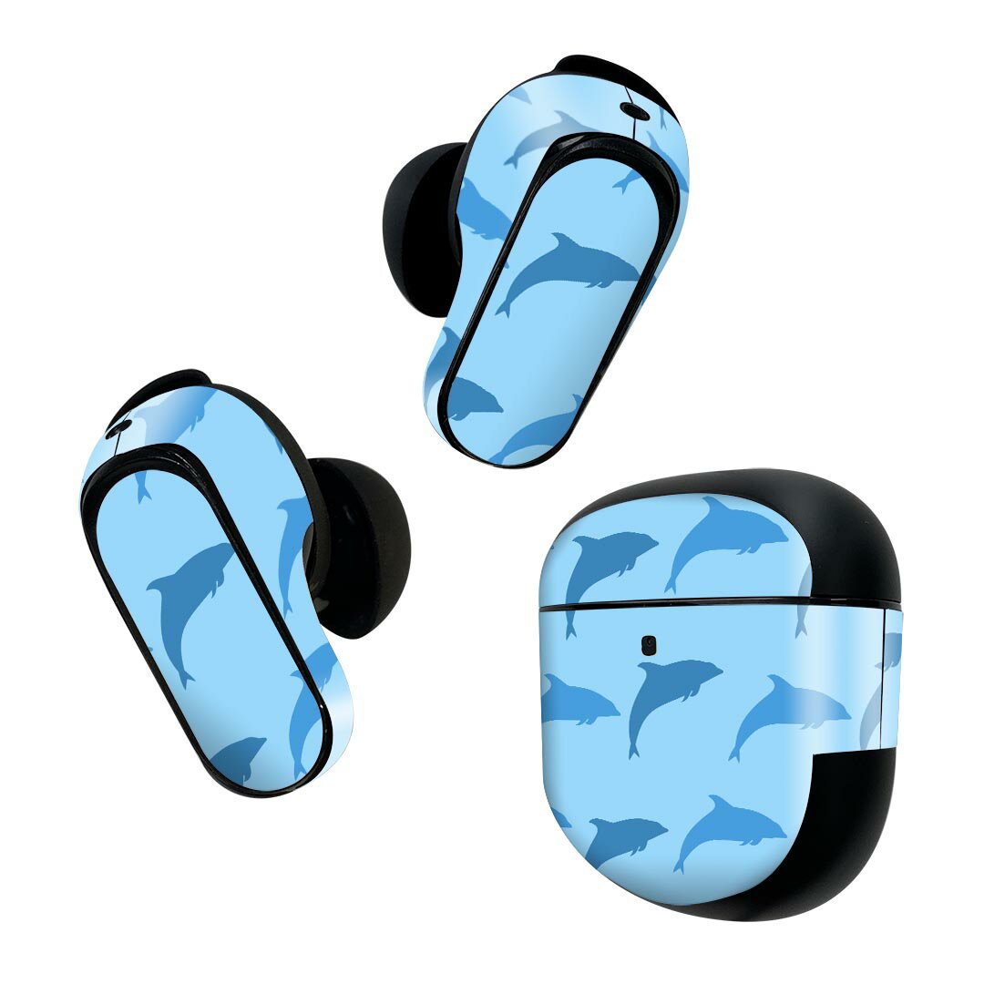 Bose QuietComfort Earbuds II 用 スキンシール ボーズ イヤバッズ2 用　ステッカー　本体3セット ケース1セット 保護 フィルム デコ 海　イルカ　青 010969