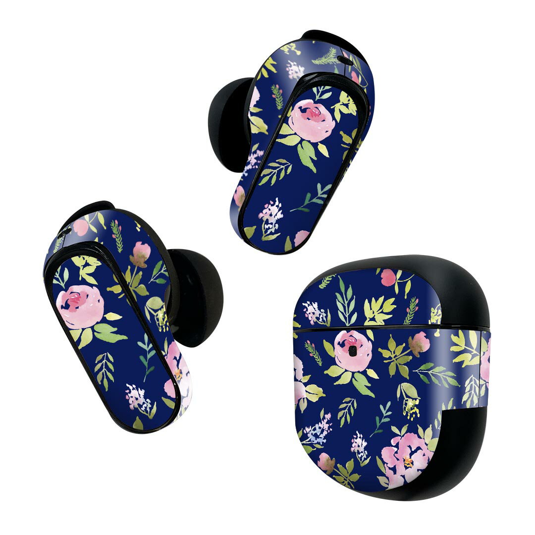 Bose QuietComfort Earbuds II 用 スキンシール ボーズ イヤバッズ2 用　ステッカー　本体3セット ケース1セット 保護 フィルム デコ 花　　青 011067
