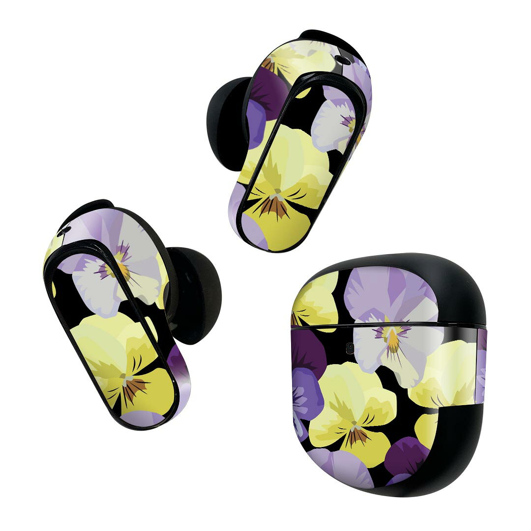 Bose QuietComfort Earbuds II 用 スキンシール ボーズ イヤバッズ2 用　ステッカー　本体3セット ケース1セット 保護 フィルム デコ 花　黄色　紫 011147