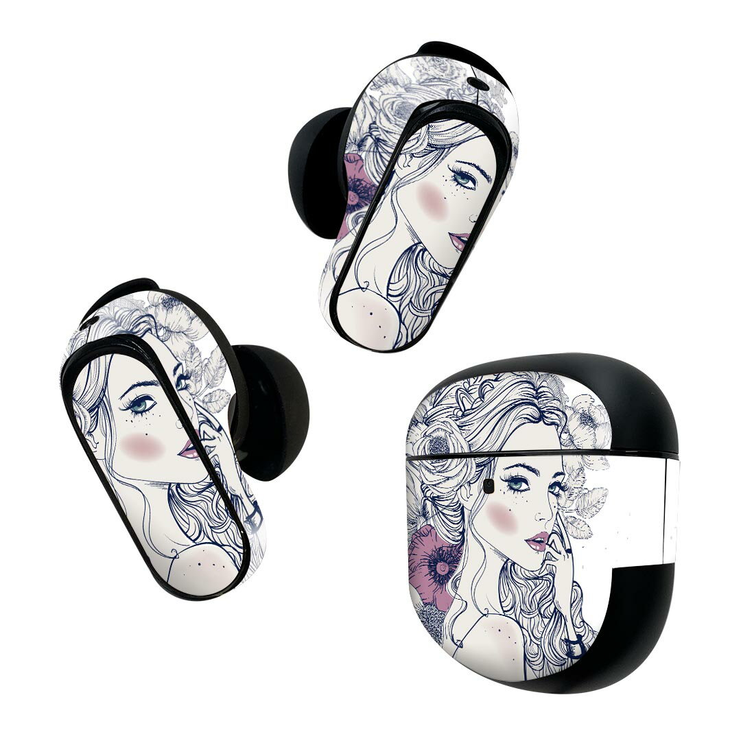 Bose QuietComfort Earbuds II 用 スキンシール ボーズ イヤバッズ2 用　ステッカー　本体3セット ケース1セット 保護 フィルム デコ 女性　花　蝶 011721