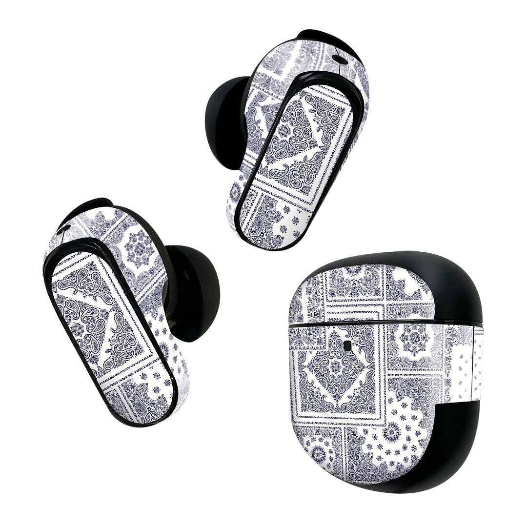 Bose QuietComfort Earbuds II 用 スキンシール ボーズ イヤバッズ2 用　ステッカー　本体3セット ケース1セット 保護 フィルム デコ ペイズリー　模様　青 011784