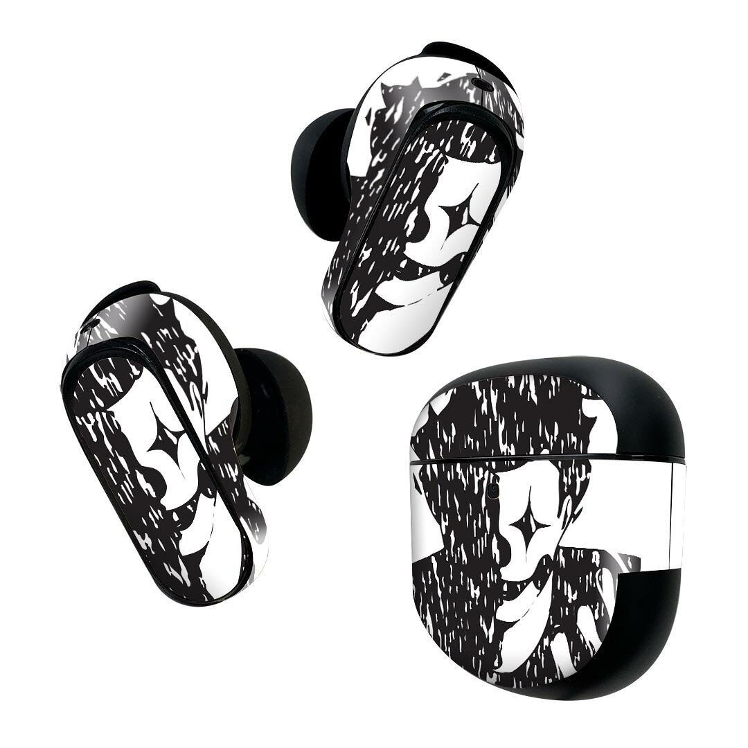 Bose QuietComfort Earbuds II 用 スキンシール ボーズ イヤバッズ2 用　ステッカー　本体3セット ケース1セット 保護 フィルム デコ ピエロ　人物　白黒 011828