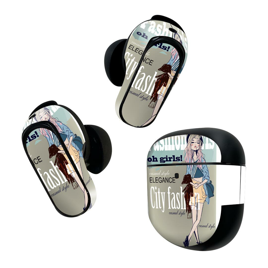 Bose QuietComfort Earbuds II 用 スキンシール ボーズ イヤバッズ2 用　ステッカー　本体3セット ケース1セット 保護 フィルム デコ 女性　英語　イラスト 011933