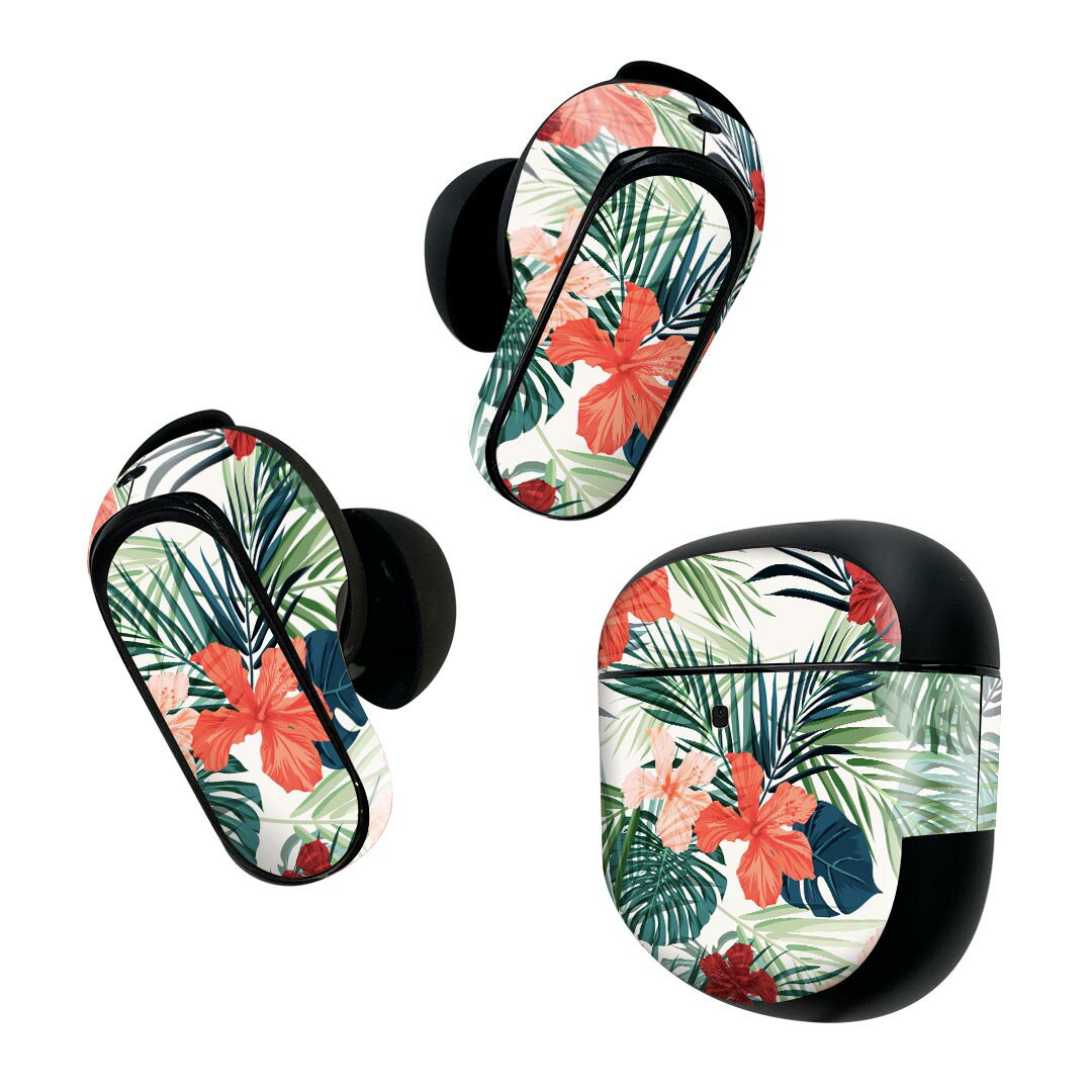 Bose QuietComfort Earbuds II 用 スキンシール ボーズ イヤバッズ2 用 ステッカー 本体3セット ケース1セット 保護 フィルム デコ ハイビスカス 花 植物 012034