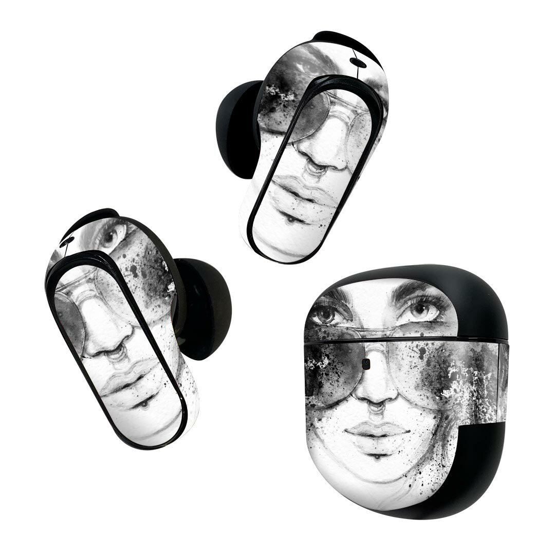 Bose QuietComfort Earbuds II 用 スキンシール ボーズ イヤバッズ2 用　ステッカー　本体3セット ケース1セット 保護 フィルム デコ 女性　イラスト　モノトーン 012060