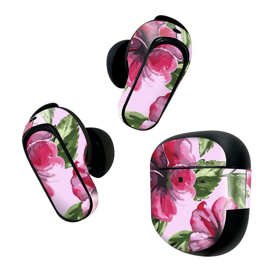 Bose QuietComfort Earbuds II 用 スキンシール ボーズ イヤバッズ2 用　ステッカー　本体3セット ケース1セット 保護 フィルム デコ ハイビスカス　花　植物 012083