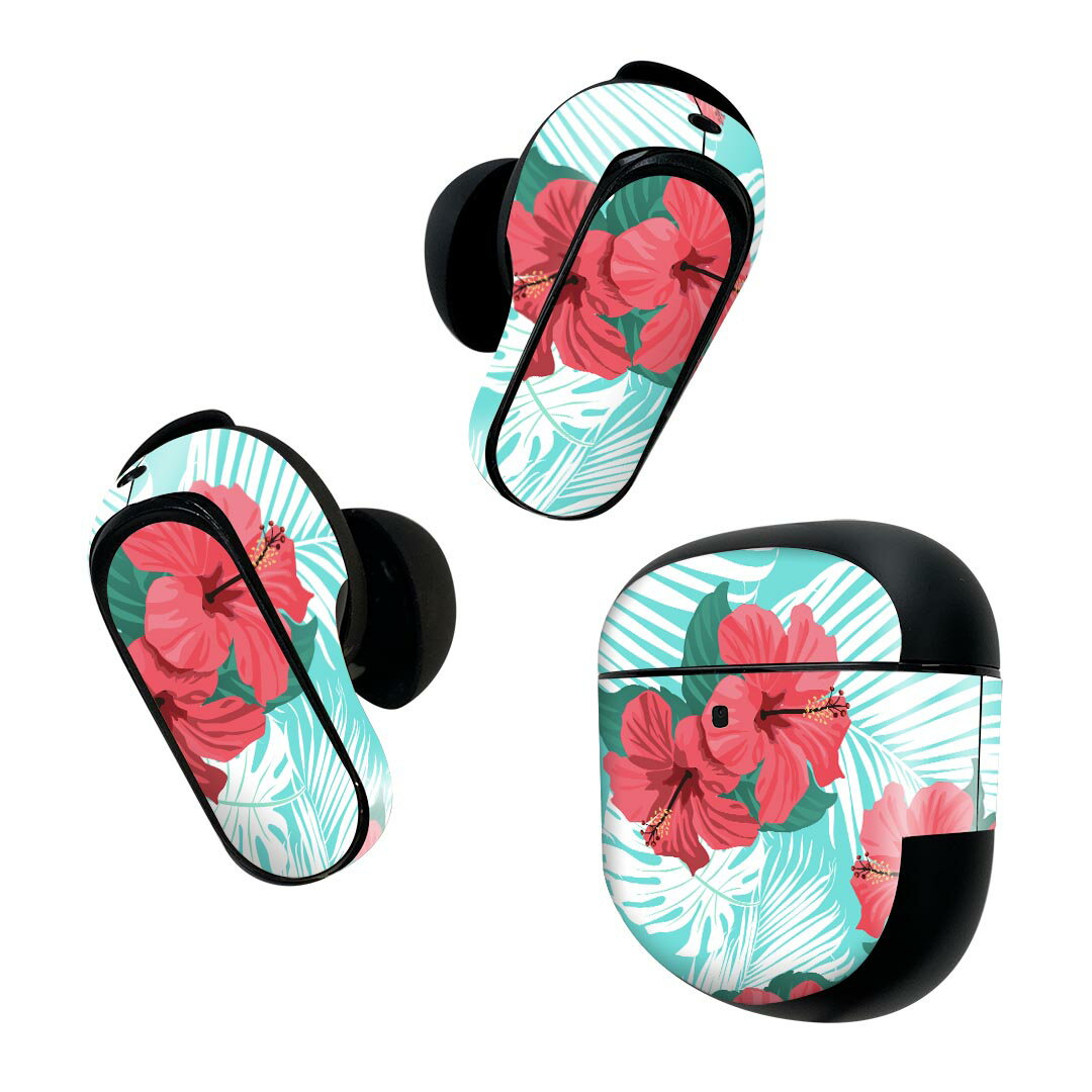 Bose QuietComfort Earbuds II 用 スキンシール ボーズ イヤバッズ2 用　ステッカー　本体3セット ケース1セット 保護 フィルム デコ ハイビスカス　水色　花 012146