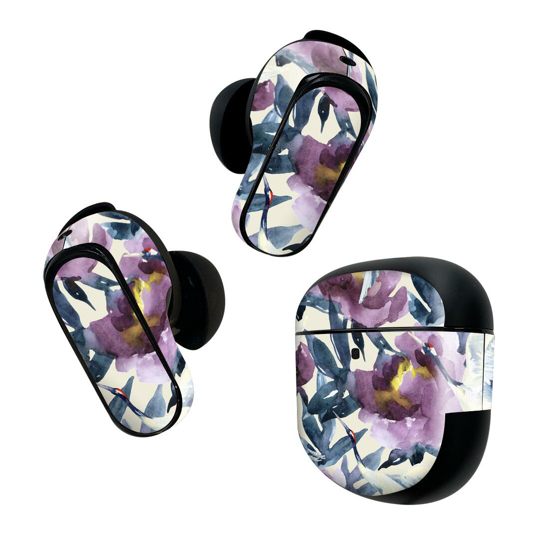 Bose QuietComfort Earbuds II 用 スキンシール ボーズ イヤバッズ2 用　ステッカー　本体3セット ケース1セット 保護 フィルム デコ 花　鶴　鳥 012162