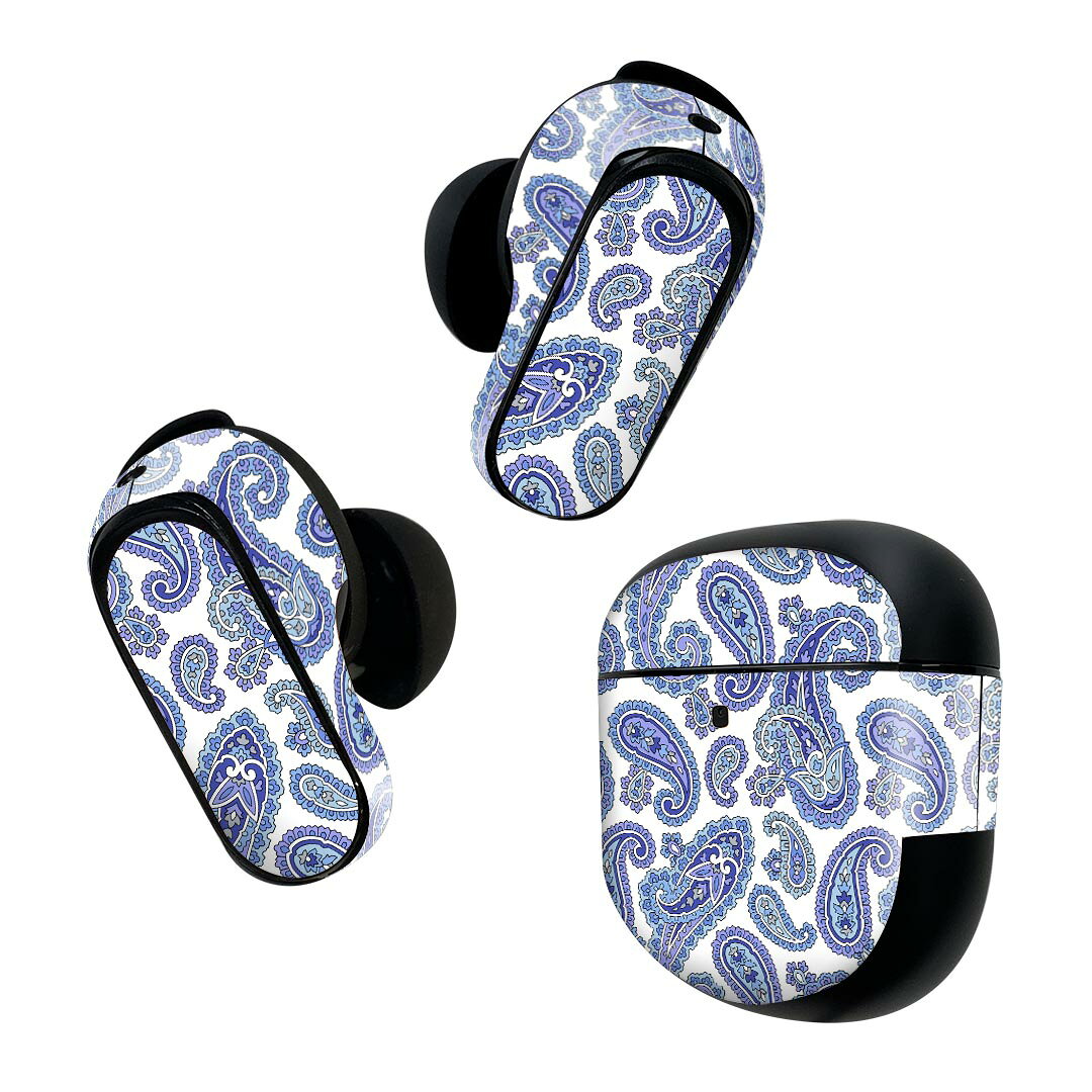 Bose QuietComfort Earbuds II 用 スキンシール ボーズ イヤバッズ2 用　ステッカー　本体3セット ケース1セット 保護 フィルム デコ ペイズリー　青　白 012404