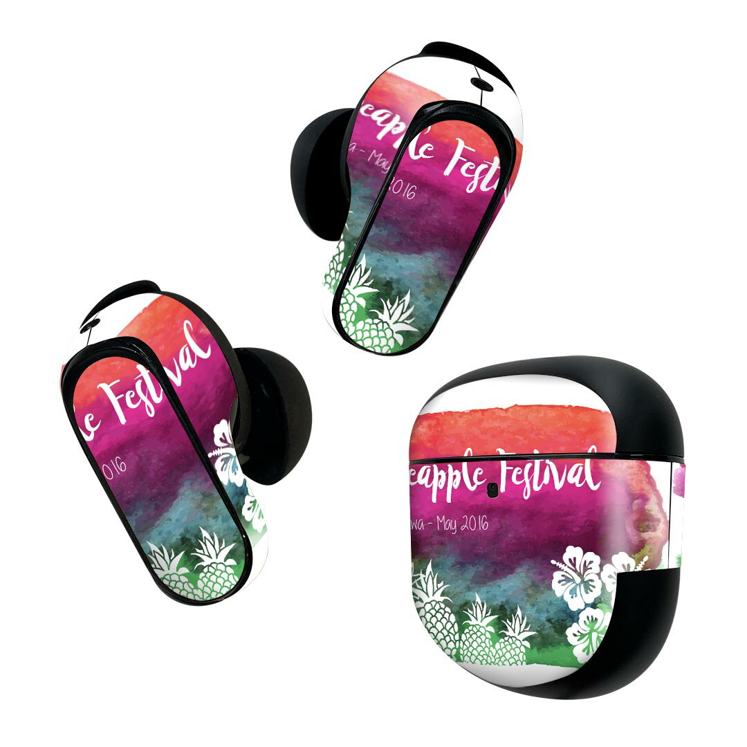 Bose QuietComfort Earbuds II 用 スキンシール ボーズ イヤバッズ2 用　ステッカー　本体3セット ケース1セット 保護 フィルム デコ パイナップル　ハイビスカス　英字 012497のサムネイル