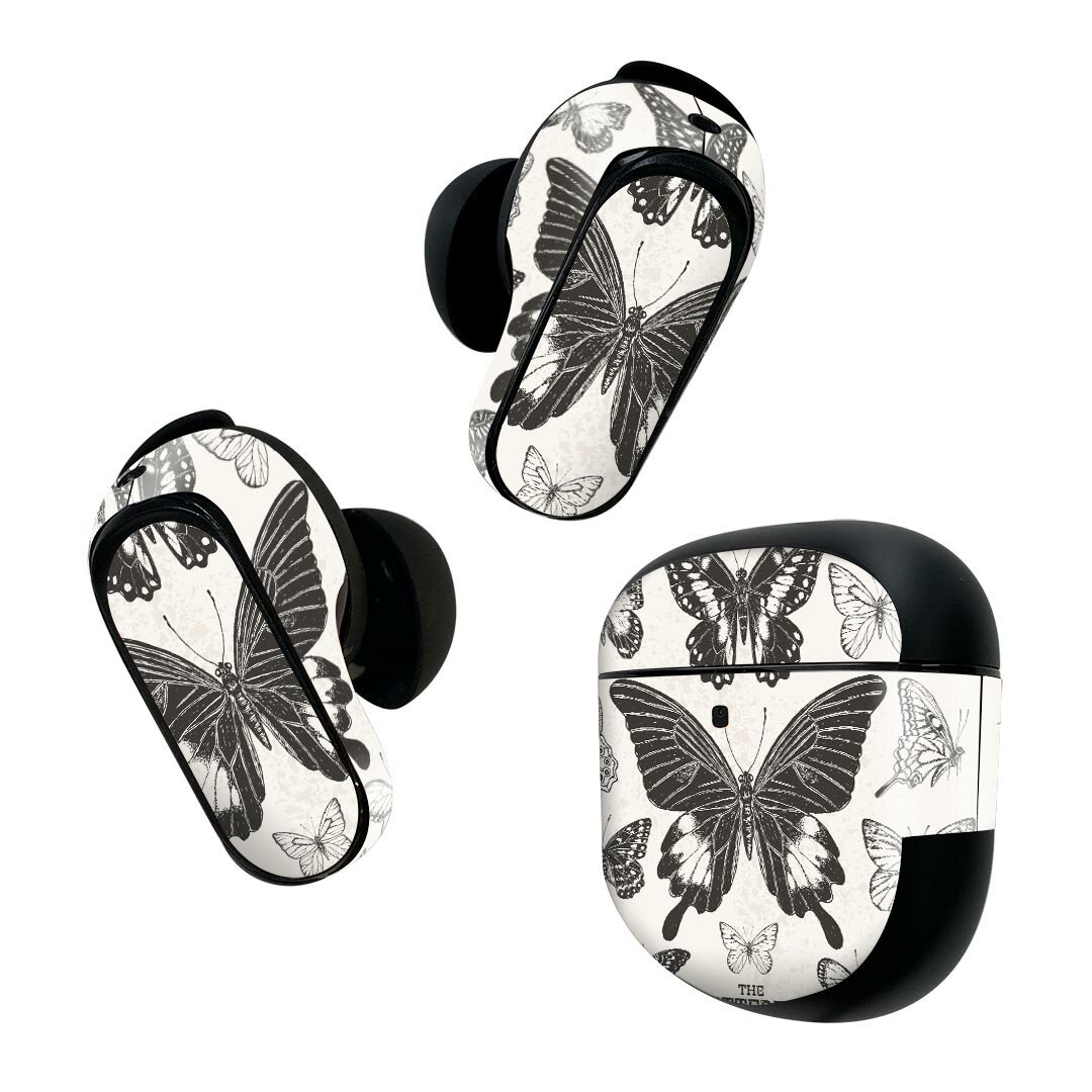 Bose QuietComfort Earbuds II 用 スキンシール ボーズ イヤバッズ2 用　ステッカー　本体3セット ケース1セット 保護 フィルム デコ 蝶　セピア　英字 012500