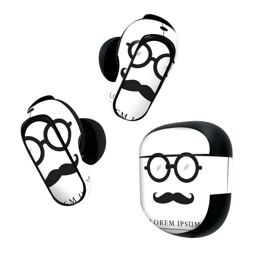 Bose QuietComfort Earbuds II 用 スキンシール ボーズ イヤバッズ2 用　ステッカー　本体3セット ケース1セット 保護 フィルム デコ めがね　ヒゲ　英字 012975