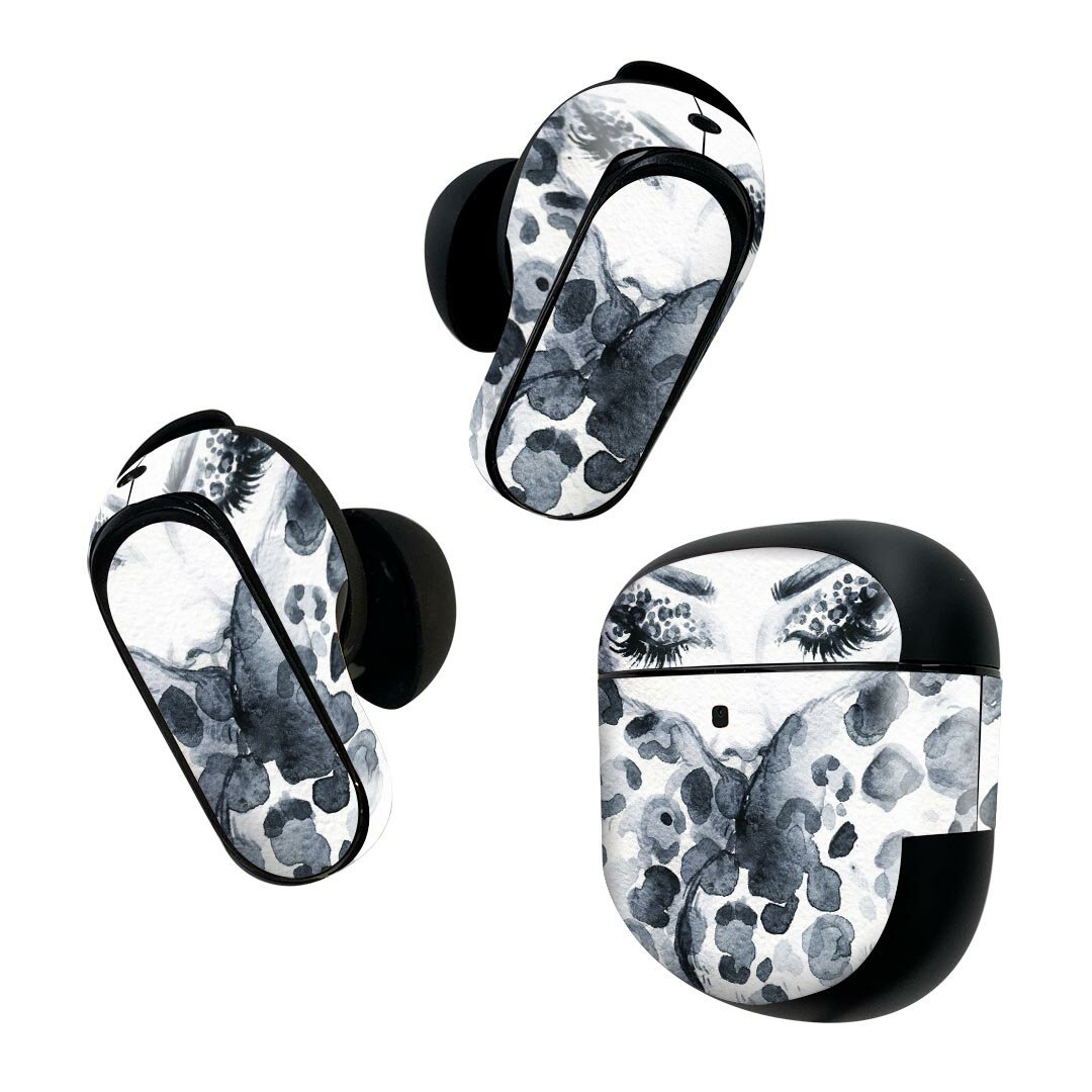 Bose QuietComfort Earbuds II 用 スキンシール ボーズ イヤバッズ2 用　ステッカー　本体3セット ケース1セット 保護 フィルム デコ ヒョウ柄　女性　モノトーン 013346のサムネイル