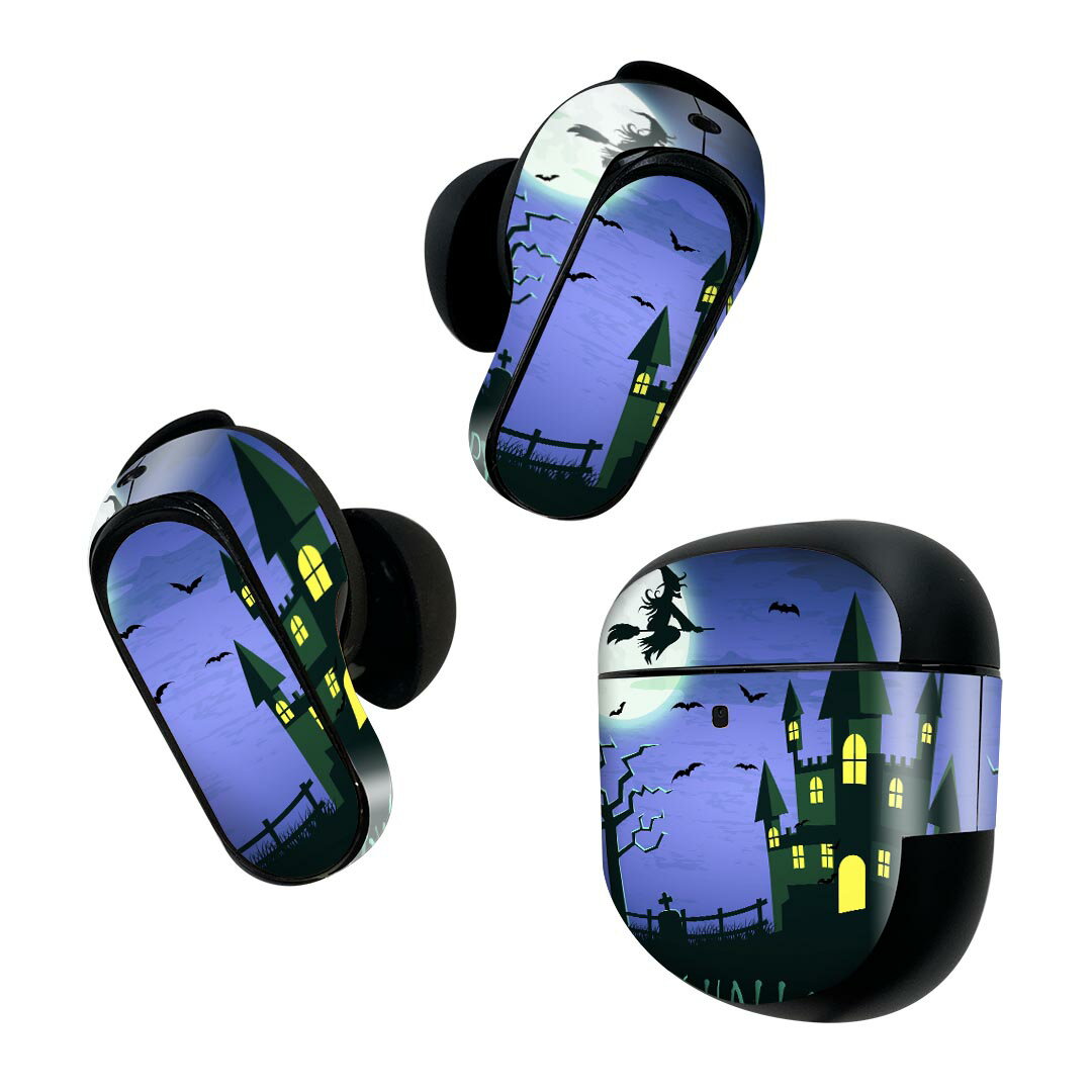 Bose QuietComfort Earbuds II 用 スキンシール ボーズ イヤバッズ2 用 ステッカー 本体3セット ケース1セット 保護 フィルム デコ ハロウィン 魔女 コウモリ 013549